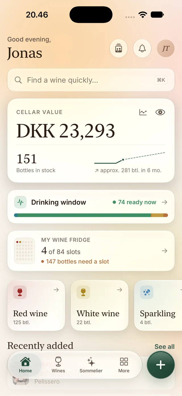 Cellarful home screen with cellar value, drinking window and wine fridge